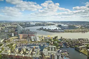 O2 Arena Prints: England, London, Canary Wharf, London skyline towards Poplar Wharf & Marina