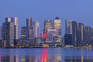 Thames Prints: England, London, Docklands, River Thames and Canary Wharf Skyline at Night