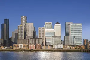 Offices Prints: England, London, Docklands, River Thames and Warm Early Morning Light on The Modern Canary Wharf Skyline