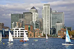 Docklands Prints: England, London, Docklands, Sailing in Millwall docks infront of Canary Wharf