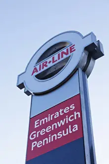 England, London, Emirates Greenwich Peninsula Thames Cable Car Station Sign