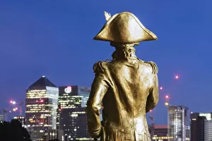 England, London, Greenwich, Statue of Admiral Lord Nelson and The Docklands Skyline