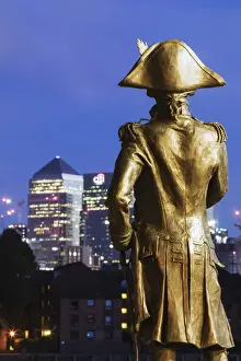 England, London, Greenwich, Statue of Admiral Lord Nelson and The Docklands Skyline