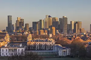 City Skyline Prints: England, London, Greenwich, Winter View of the Docklands Skyline and Canary Wharf from Greenwich Park