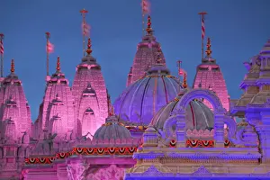 Diwali Prints: England, London, Neasden, Shri Swaminarayan Mandir Temple illuminated for Hindu Festival