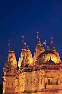 England, London, Neasden, Shri Swaminarayan Mandir Temple illuminated for Hindu Festival