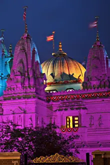England, London, Neasden, Shri Swaminarayan Mandir Temple illuminated for Hindu Festival