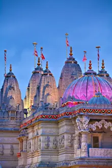 England, London, Neasden, Shri Swaminarayan Mandir Temple illuminated for Hindu Festival of Diwali
