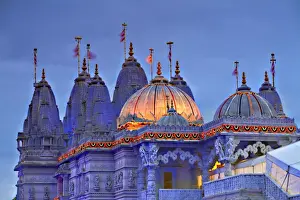 Diwali Prints: England, London, Neasden, Shri Swaminarayan Mandir Temple illuminated for Hindu Festival of Diwali