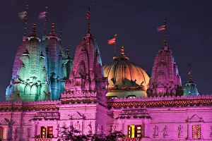 Diwali Prints: England, London, Neasdon, Shri Swaminarayan Mandir Temple illuminated for Hindu Festival