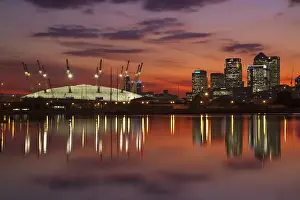 Commerce Prints: England, London, Newham, O2 Arena and Canary Wharf buildings reflecting in Royal