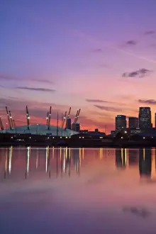 London Prints: England, London, Newham, O2 Arena and Canary Wharf buildings reflecting in Royal Victoria Docks