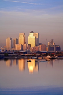 Images Dated 13th October 2009: England, London, Newham, Royal Victoria Docks, Canary Wharf buildings at dawn