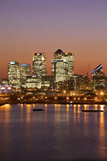 England, London, Newham, Royal Victoria Docks, Canary Wharf buildings and city skyline