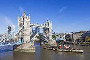 Steamer Prints: England, London, Paddle Steamer Waverley Passing Under Tower Bridge