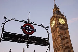 England, London, Palace of Westminster, Big Ben and Underground Sign