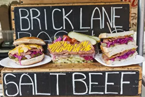 Images Dated 6th December 2016: England, London, Shoreditch, Brick Lane, Street Food Stall Display of Salt Beef Sandwiches