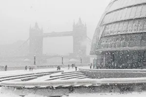 England, London, Southwark, London Bridge City, Tower Bridge and City Hall in the Snow
