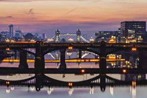 Images Dated 26th April 2019: England, London, Southwark, London Bridge City, Reflections of Thames Bridges at Dawn
