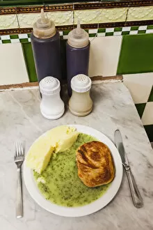 Images Dated 26th May 2017: England, London, Southwark, Manze Pie and Mash Shop, Plate of Pie and Mash and Liquor
