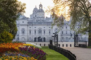Gardens Prints: England, London, St. James Park, Dawn over Flower Beds and Horse Guards Parade