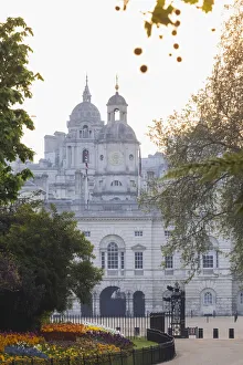 James Park Prints: England, London, St. James Park, Dawn over Flower Beds and Horse Guards Parade