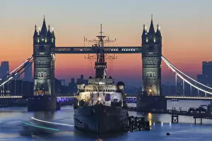 Images Dated 26th April 2019: England, London, Tower Bridge and Museum Ship HMS Belfast at Dawn