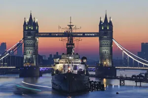 Images Dated 26th April 2019: England, London, Tower Bridge and Museum Ship HMS Belfast at Dawn