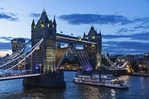 England, London, Tower Bridge at Night and City of London Skyline