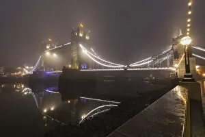 England, London, Tower Bridge at Night in the Mist