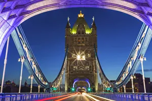 Illumination Prints: England, London, Tower Bridge with Empty Road at Night