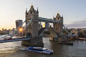 City Skyline Prints: England, London, Tower Bridge, Thames Cruise Boat Passing Through Open Tower Bridge