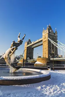 Dolphin Prints: England, London, Tower Hill, The Girl with a Dolphin and Tower Bridge in the Snow