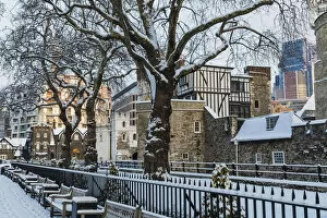 England, London, Tower of London and Modern Offices in the Snow
