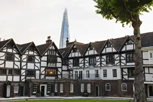 England, London, Tower of London, Tudor Houses on Tower Green with The Shard in