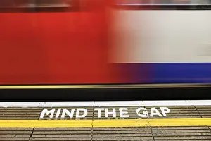 Train Prints: England, London, The Underground, Mind the Gap Sign and Moving Train