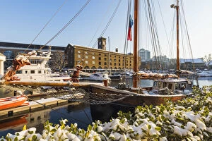 England, London, Wapping, St.Katharine Docks in the Snow