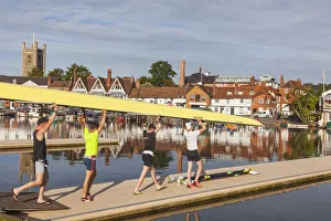 Images Dated 8th September 2015: England, Oxfordshire, Henley-on-Thames, Town Skyline and Rowers on River Thames