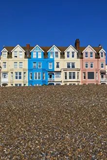 England, Suffolk, Aldeburgh, Aldeburgh Beach and Colourful Seafront Buildings