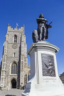 Artist Prints: England, Suffolk, Sudbury, Thomas Gainsborough Statue and St. Peters Church