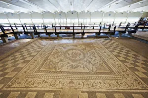 England, West Sussex, Chichester, Fishbourne, The Roman Palace, Cupid on a Dolphin Mosaic