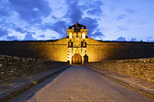 Middle Ages Prints: The entrance of Citadel of Jaca Castle by night. Jaca, Aragon region, Spain