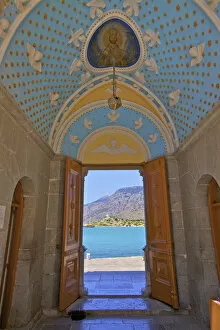 Images Dated 27th July 2015: Entrance To Moni Taxiarchi Michail Panormitis Monastery, Panormitis Bay, Symi, Dodecanese