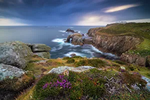 Roof Prints: Enys Dodnan Arch and Longships lighthouse at sunset