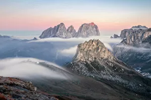 South Tyrol Collection: Epic sunrise over Pordoi Pass from the Path of the High Ridges;, Italy