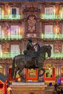 Christmas Lights Prints: Equestrian statue of Philip III King of Spain with christmas lights behind