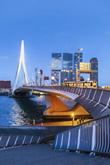 Suspension Bridge Collection: Erasmus Bridge (Erasmusbrug) and city skyline by night, Rotterdam, Zuid Holland