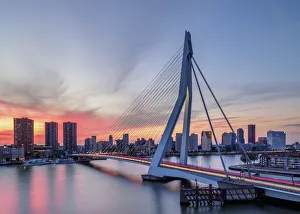 City Centre Prints: Erasmus Bridge at sunset, Rotterdam, South Holland, The Netherlands
