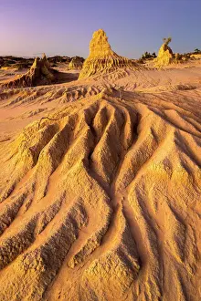 New South Wales Prints: Eroded landscape known as the Walls of China in Lake Mungo at dusk