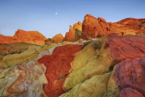 Erosion landscape and moon in Valley of Fire - USA, Nevada, Clark, Valley Of Fire